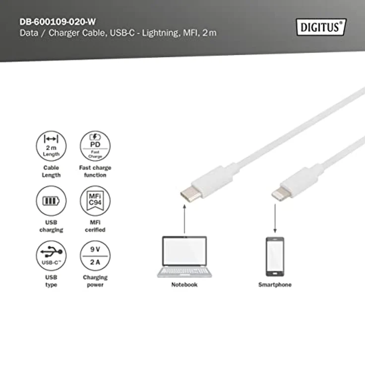 DIGITUS Type C zu Lightning MFI C94, 2M Füllung+AL+B Mantel PVC, weiß OD:3.5mm – Bild 5