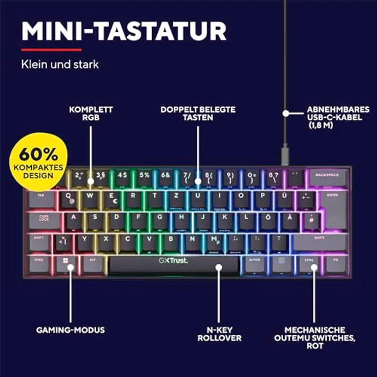 Trust Gaming GXT 867 Acira 60% Mechanische Tastatur, RGB Beleuchtung, Doppelt Belegte Tasten, USB Mini Tragbare Programmierbare, Deutsche QWERTZ Layout, 60 Prozent PC Laptop – Bild 3