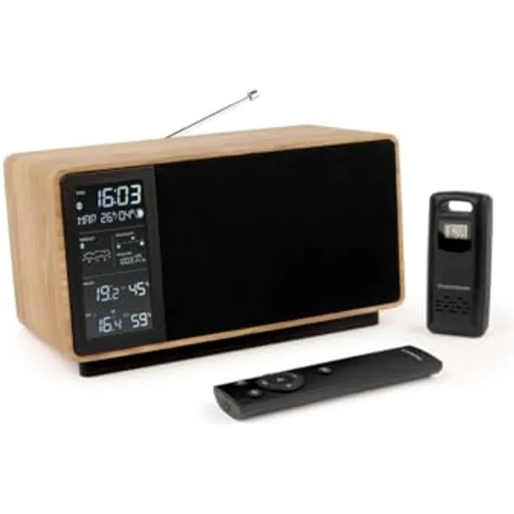 Thomson Bluetooth Wetterstation Lautsprecher 50W, UKW-Radio, Holz Schwarz