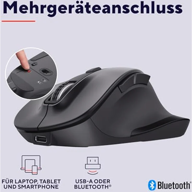 Trust Fyda Kabellose Bluetooth Maus mit 2.4GHz, Ergonomische Daumenauflage, 800-2400 DPI, 50% Recyclingkunststoff, Aufladbar, für Laptop, PC, iOS, Android, Mac – Bild 3