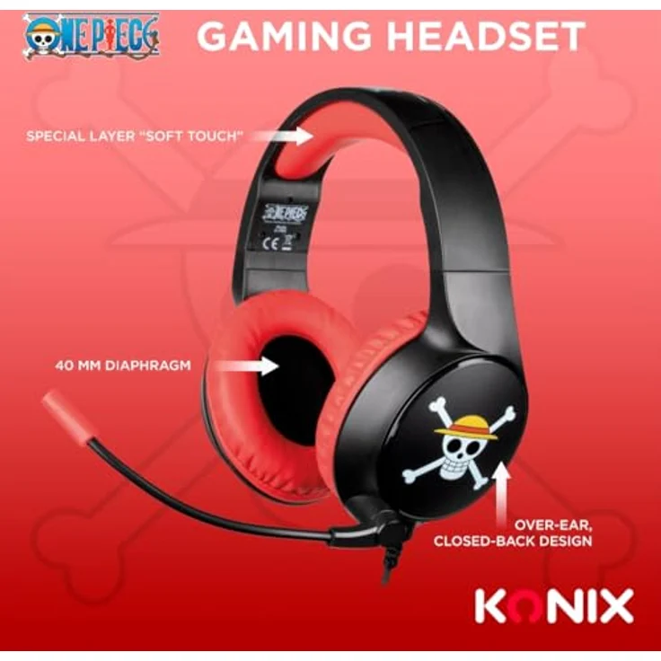 Konix One Piece Gaming-Headset - Kabelgebunden, für PC, PS5, Switch 2, Xbox Series X|S - Mikrofon, Luffy-Motiv, 1,5 m Kabel - 3,5 mm Klinkenstecker – Bild 3
