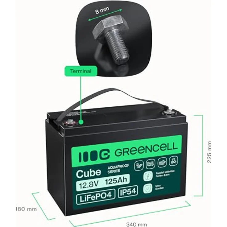Green Cell CUBE LiFePO4 Spezial-Akku, LiFePo-Block Schraubkontakt, 12.8V 125Ah, sofort einsatzbereit, ideal für Wohnmobile – Bild 7
