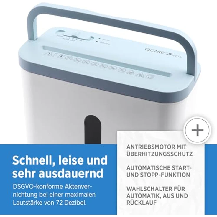 GENIE 440 X Aktenvernichter | Partikelschnitt 4x38 mm | Sicherheitsstufe P-4 | Leise 72 dB | Kompakt & Mobiler Shredder | Automatische Start-/Stopp-Funktion | Überhitzungsschutz | Farbe weiß blau – Bild 5