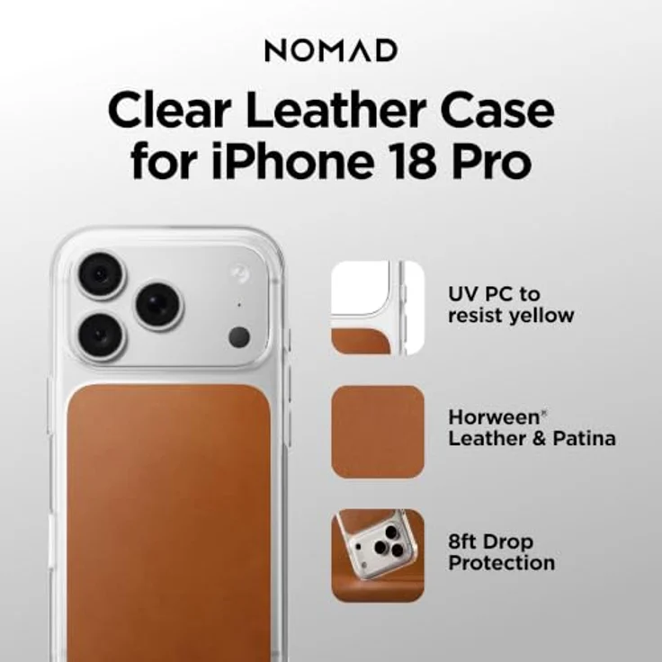 Nomad Clear Leather Case, Handyhülle mit transparentem Rahmen und saddle Horween-Ledereinsatz für iPhone 18 Pro/17 Pro – Bild 2