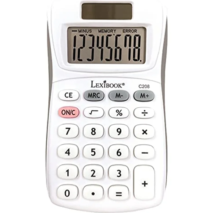 Lexibook - 8-stelliger Taschenrechner - Grund- und Speicherfunktion - Weiche Silikonschlüssel für Büro, Schule, Zuhause - Solar & Batterien - Weiß/Grau - C208
