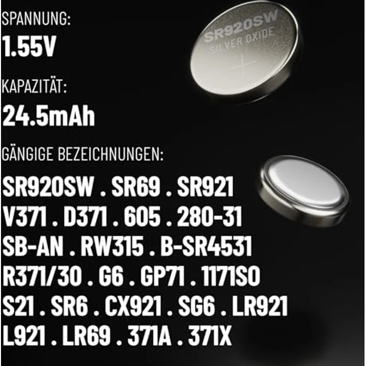ABSINA SR920SW Uhrenbatterie 1,55V Silberoxid, 10er Pack, auslaufsicher, lange Haltbarkeit, ideal für Uhren und medizinische Geräte – Bild 5