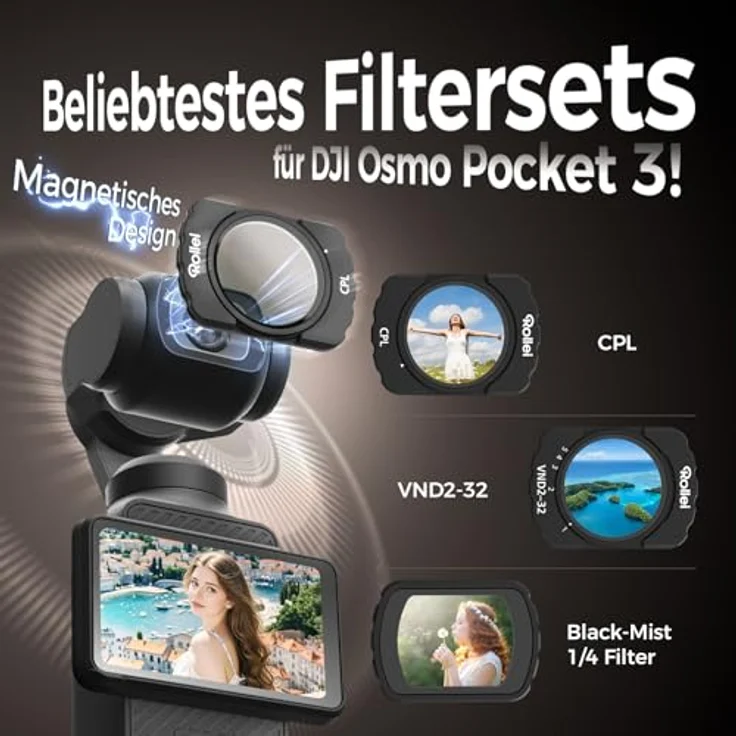 Rollei Magnetisches Filter Set für DJI Osmo Pocket 3, 3 in 1 Filters ND 2-32 + CPL + Black Mist 1/4, optisches Glas mit Nano-Beschichtung, inklusive Displayschutzfolie und Reinigungstuch – Bild 2