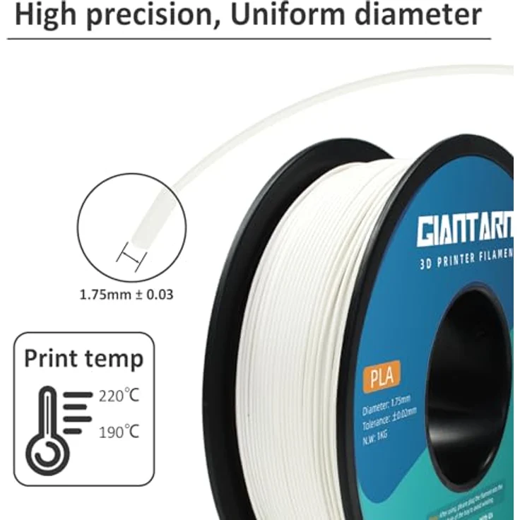 GIANTARM PLA Filament 1.75mm, 1kg Spule, hochwertig, vakuumverpackt, umweltfreundlich, weiß – Bild 2