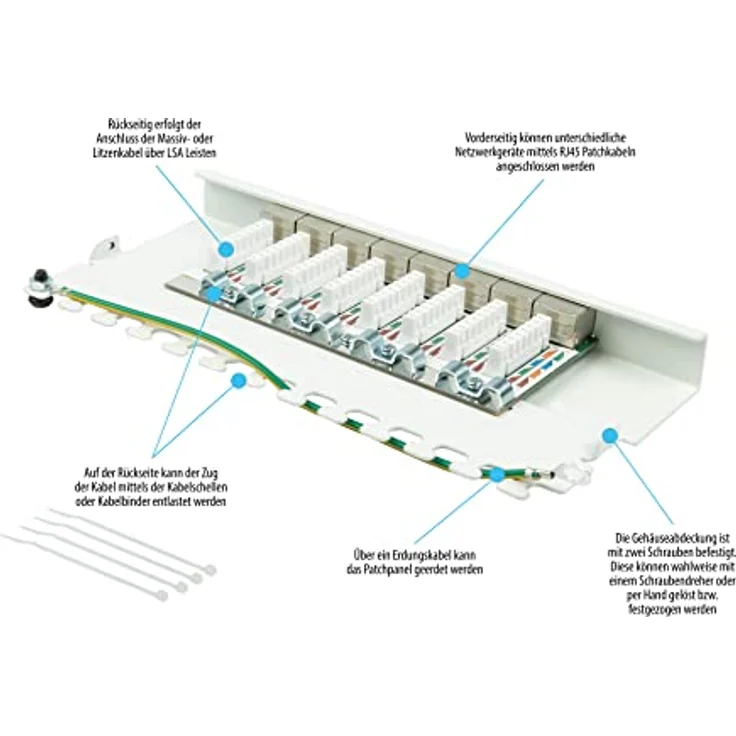 Patchpanel/Patchfeld - Desktop - Cat. 6A, 500 MHz - 10-GIGABIT-fähig - 8-Port - 0,5 HE - STP geschirmt - werkzeugloses Öffnen - Reinweiß (RAL9010) – Bild 3