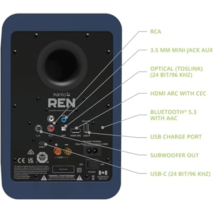 Kanto Ren 200W Powered Speaker System with HDMI ARC Input for TV & Home Theater | USB-C and Bluetooth 5.3 | High/Low Pass Filter | Pair | Matte Blue – Bild 3