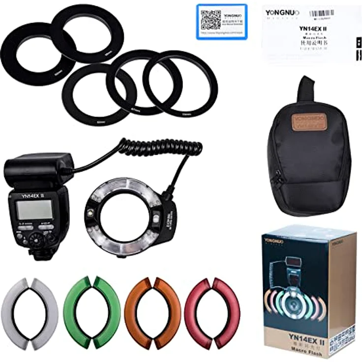 YONGNUO YN14EX II Makro-Ringblitz für Canon DSLR-Kameras, mit Adapterringen und Farbtemperaturfilter, Blitzschuhhalterung, unterstützt M, TTL-Blitz – Bild 3