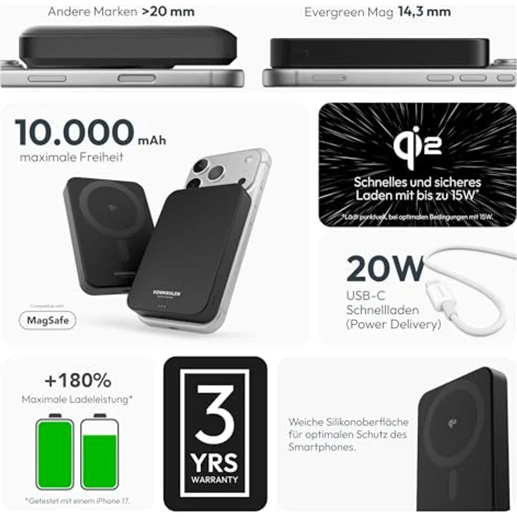 VONMÄHLEN Evergreen Mag 10.000 mAh Qi2-Powerbank – kabelloses 15W Laden, MagSafe-kompatibel, 20W USB-C Power Delivery, nur 14,3 mm dünn – Schwarz – Bild 4