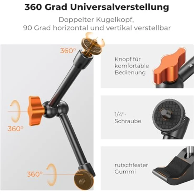 K&F CONCEPT 9,8 Zoll Magic Arm mit Super Clamp, Kamera Halterung für Käfig, Monitor und LED Licht, 2 KG Belastung, Aluminiumlegierung – Bild 3