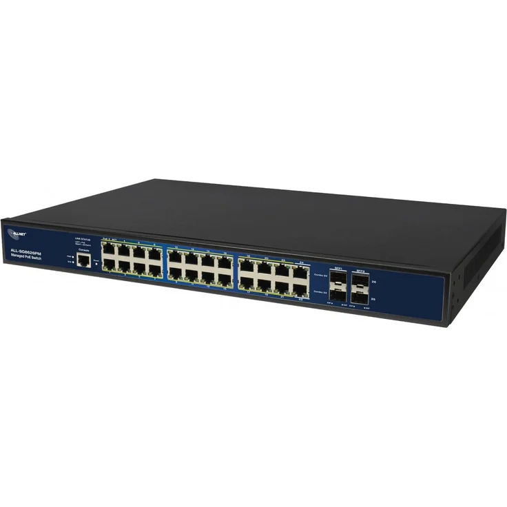 Allnet ALL-SG8626PMJ, Managed Layer 2+ Switch mit 26 Ports, 24x GbE, 22x PoE, 370W Budget, lüfterlos, 19 Zoll