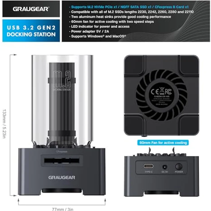 GRAUGEAR M2 Docking-Station für M.2 SSD, USB 3.2 Gen2x2, USB 4.0, leiser Lüfter, CFexpress Typ-B Kartenleser (3 in 1 Docking) – Bild 2
