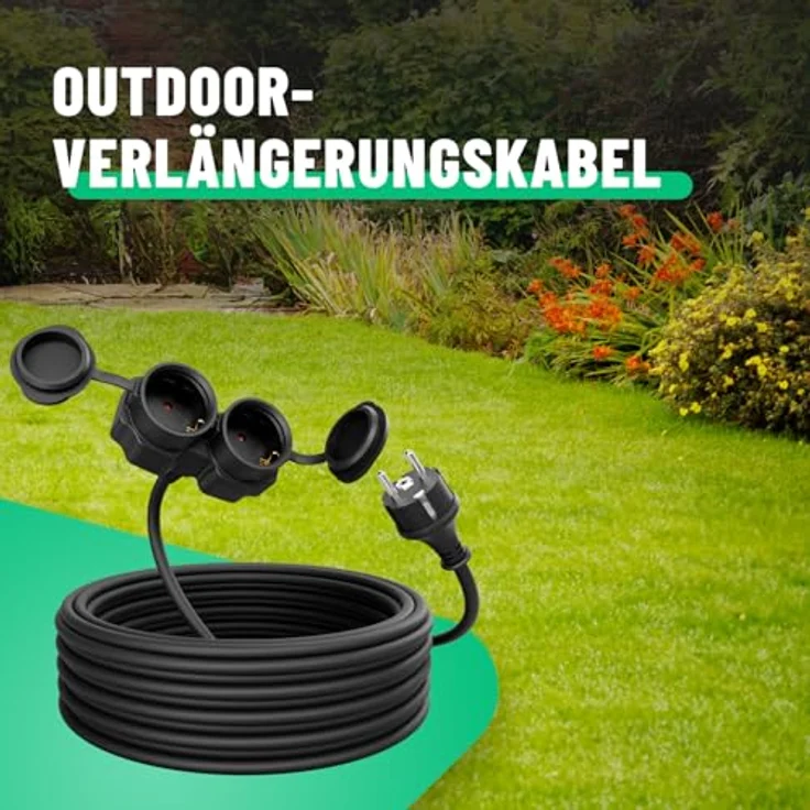 greate. 2fach Verlängerungskabel 10m - wasserdicht, Mehrfachsteckdose, 3500 W Verlängerungskabel, (1000 cm) - schwarz – Bild 3