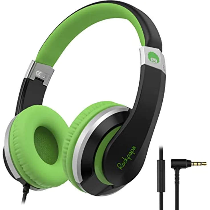 RockPapa I20 Kopfhörer Kinder, Kinder Kopfhörer mit Kabel, HD Stereo Kopfhörer mit Mikrofon für Kinder Jugendliche und Erwachsene, Faltbare Kopfhörer für Handy, Tablet,PC,TV - Schwarz Grün
