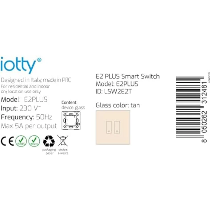 iotty E2 PLUS, intelligenter WiFi-Schalter für Licht und Tore, kompatibel mit Google Home, Alexa und Siri, iOS/Android App, beleuchtetes Glas-Touchfeld, Temperatur- und Helligkeitssensoren, Beige – Bild 3