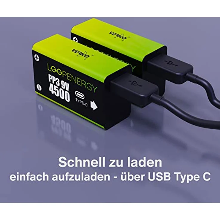 Verico LoopEnergy 9V Block 2er Pack, PP3, 4500 mWh, Wiederaufladbare USB-C Batterie, Li-Ion, 1 Ladekabel USB Type A auf 2 x Type C – Bild 5