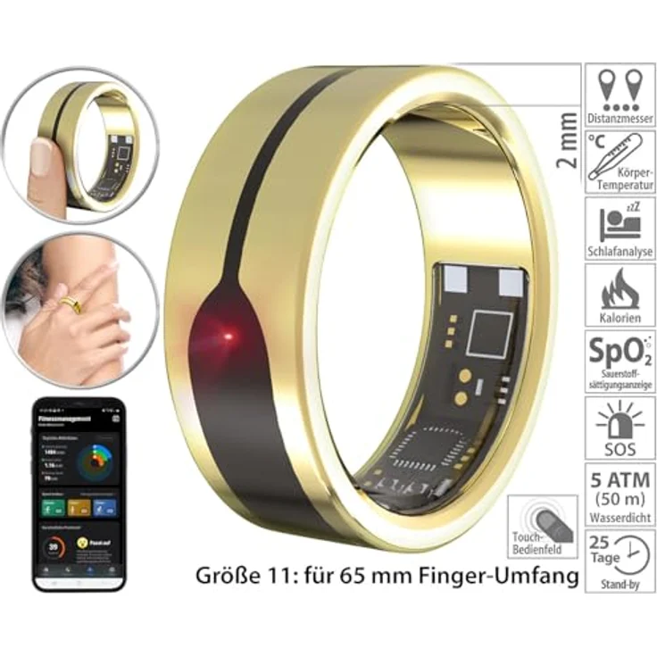 Newgen Medicals Ring Schlaftracker, Fitnesstracker-Ring mit Herzfrequenz- & SpO2-Anzeige, 2 mm, gold, Gr. 65, wasserdicht bis 5 ATM, SOS-Funktion, Bluetooth 5 – Bild 4