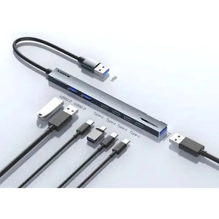 Xssive 7in1 USB Hub to USB-A XSS-HUB14, Aluminium-Dockingstation mit 1x USB 3.0, 2x USB 2.0 und 4x USB-C Ports