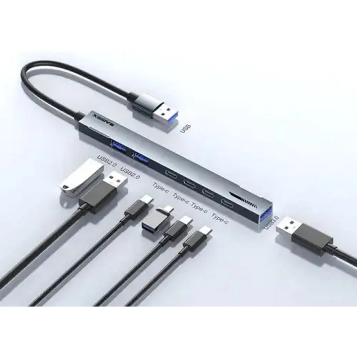 Xssive 7in1 USB Hub to USB-A XSS-HUB14, Aluminium-Dockingstation mit 1x USB 3.0, 2x USB 2.0 und 4x USB-C Ports