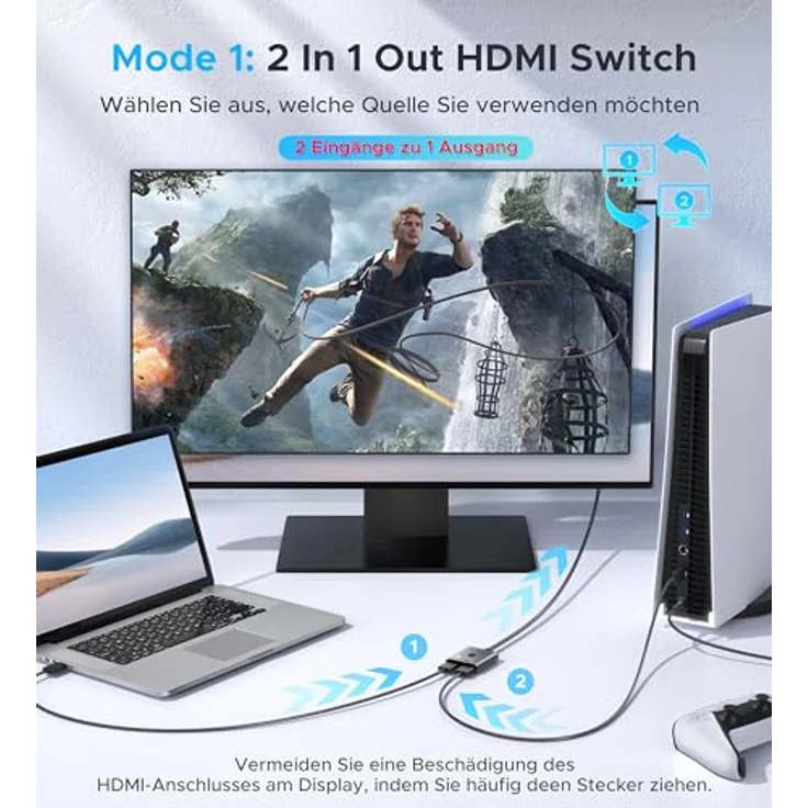 WARRKY HDMI Switch 4K@60Hz, 2 In 1 Out Splitter mit 1m geflochtenem Kabel, HDCP 2.2, Aluminium, unterstützt UHD 3D für PS5/4, Xbox, FireStick – Bild 2