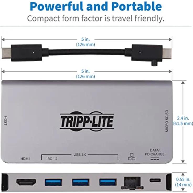 Tripp Lite U442-DOCK5D-GY Tripp Lite USB-C-Dock – 4K HDMI, USB 3.2 Gen 1, USB-A-Hub, GbE, Speicherkarte, 100 W PD-Aufladung, abnehmbares Kabel (U442-DOCK5D-GY) – Bild 5