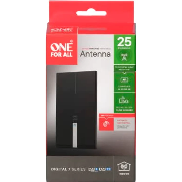 One for All for All – 3G/4G/5G-blockfilter - DVB-T2 Zimmerantenne Digital-TV 4K Ultra HD Signal Clear-Technologie 0 bis 25 km Reichweite Schwarz SV9425-5G, bunt – Bild 3