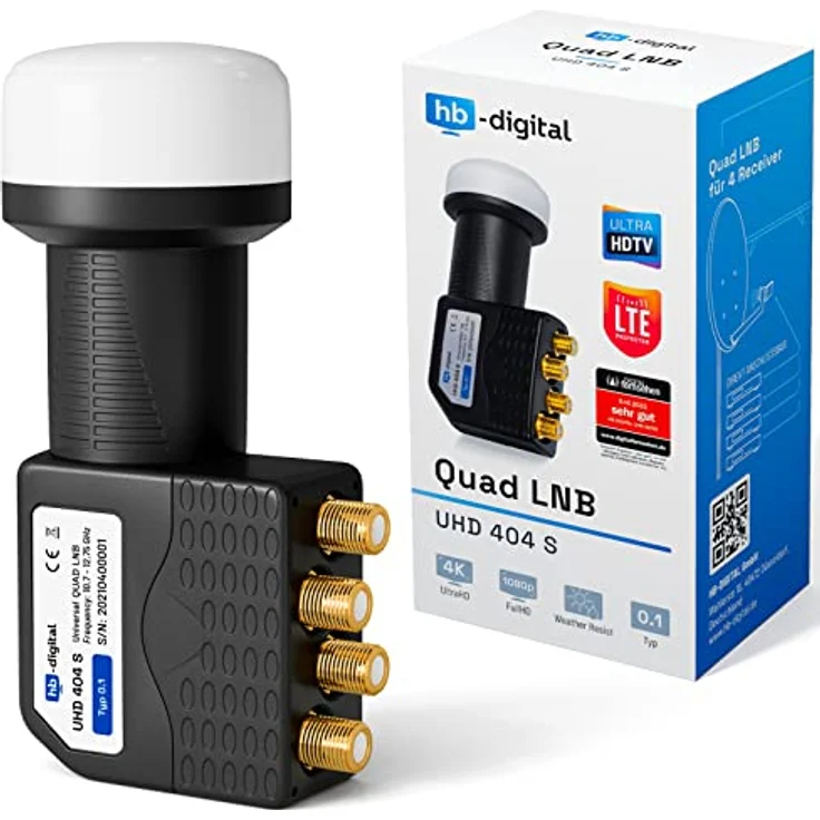 HB-DIGITAL Quad LNB UHD 4-fach LNC Kopf für 4 Teilnehmer, LTE Protected, vergoldete Kontakte, Wetterschutz, schwarz – Bild 1