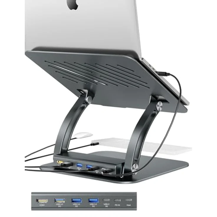 EXSYS EX-1224HM Laptopständer mit abnehmbarer 7-in-1 USB-C Dockingstation, Aluminiumdruckguss-Gehäuse, USB-C PD Ladefunktion bis 100W – Bild 4