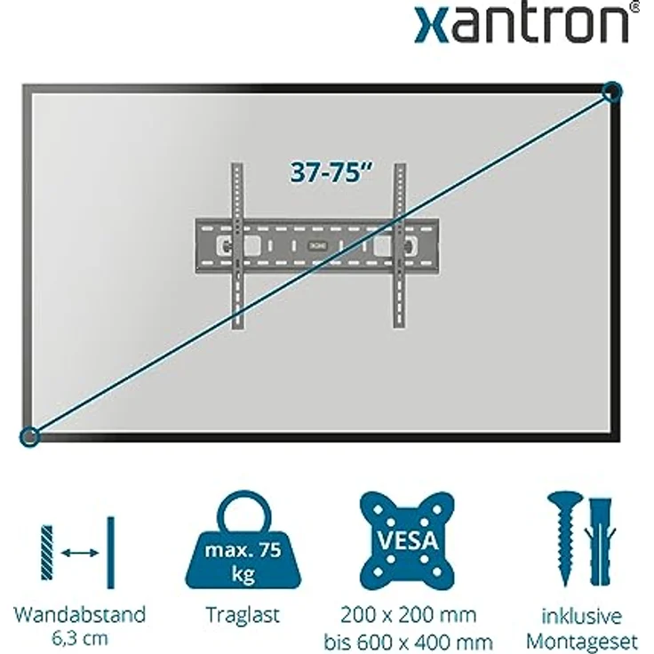 Xantron® STRONGLINE-42N TV Wandhalterung neigbar für 37-75 Zoll, VESA 100x100 bis 600x400, max. 75kg, minimaler Wandabstand 6.3cm, inkl. Montagematerial – Bild 2