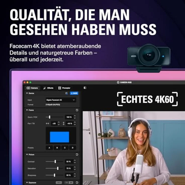 Elgato Facecam 4K, 4K60-Studio-Webcam mit DSLR-Steuerung, HDR, cineastischen Effekten und USB-C für PC & Mac – Bild 2