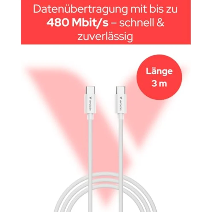 Verbatim Essentials USB-C auf USB-C Kabel, 3,0m, 480Mbit/s, 100W QC, weiss – Bild 3