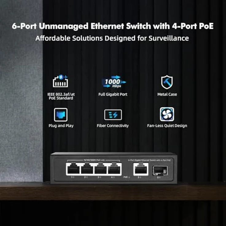 YuLinca 6 Port Mini Gigabit PoE Switch, 4 PoE+ Ports, 1 Gigabit RJ45 Uplink, 1 Gigabit SFP, max 65W, metall, lüfterloser Plug & Play Ethernet Switch – Bild 2