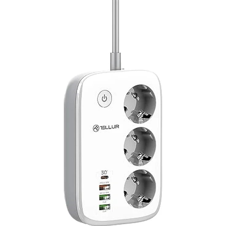 Tellur Steckdosenleiste Smart WiFi Power Strip 3 Outlets PD30W QC18W 2xUSB 2.4A 2500W 10A 2m – Bild 1