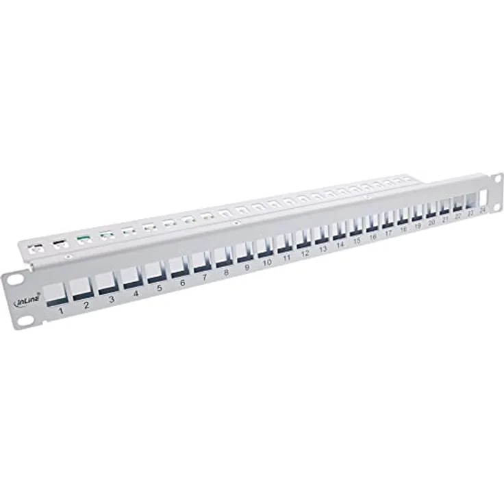 InLine® Patchfeld 24-Fach, Keystone Snap-In Leerblech Patchpanel, 48,26cm (19"), 1HE, lichtgrau RAL7035, geeignet für Cat.6a, Cat.6, Cat.5 Module