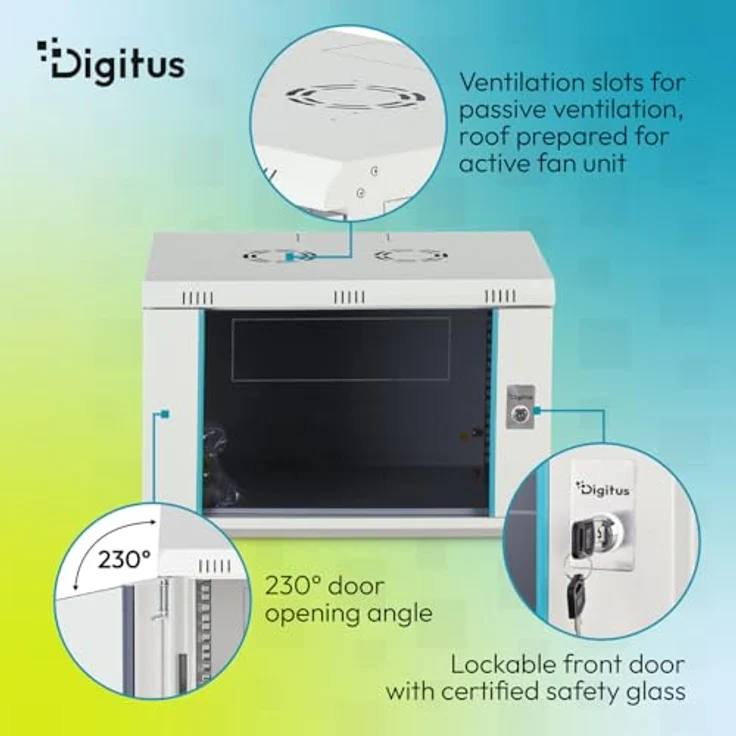 DIGITUS Netzwerkschrank 19-Zoll Rack 7HE, unmontiert für Wandmontage, 450 mm Tiefe, 60 kg Traglast, abschließbare Glastür, Dynamic-N Serie, Grau – Bild 4