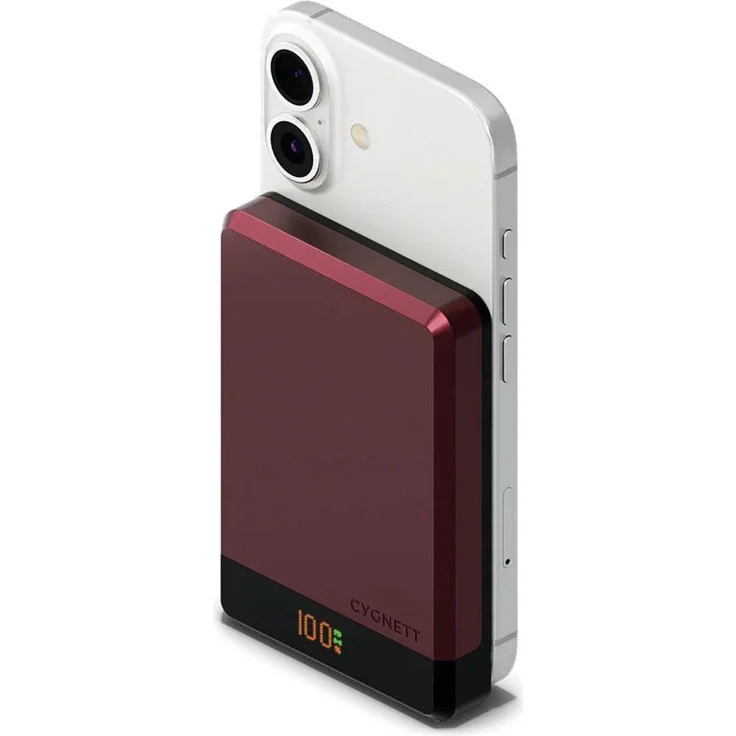 Cygnett MagSlim 10.000mAh Powerbank, kabelloses Laden, 20W USB-C-Anschluss, digitaler Ladezustandsanzeige, Rot
