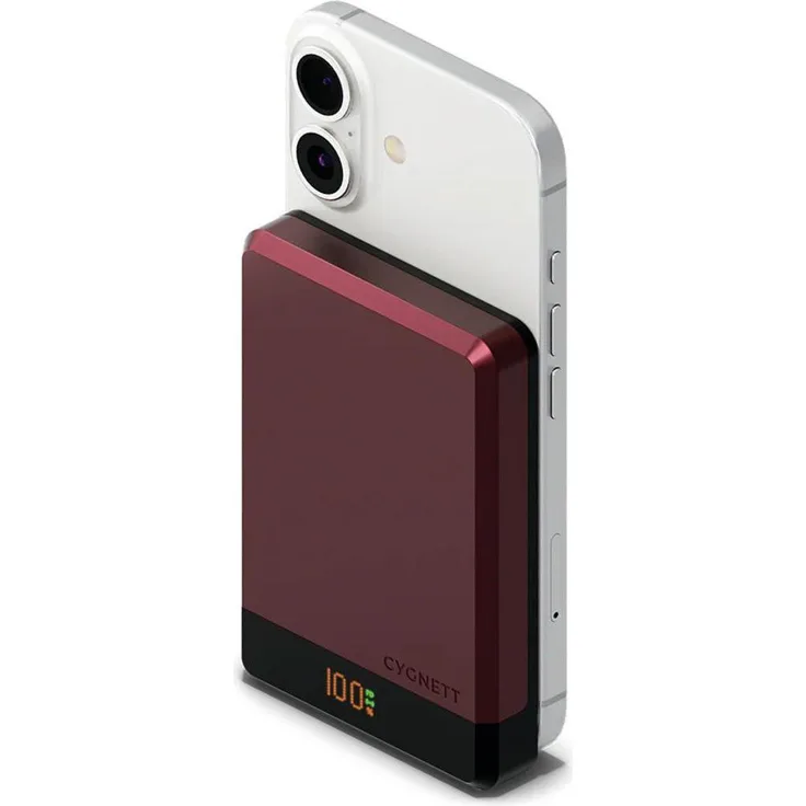 Cygnett MagSlim 10.000mAh Powerbank, kabelloses Laden, 20W USB-C-Anschluss, digitaler Ladezustandsanzeige, Rot