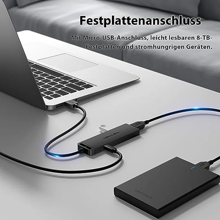 VENTION USB Hub 4-Port 3.0 USB Verteiler Ultra Dünn PVC Gehäuse, PC USB Erweiterung Splitter Unterstützung Beim Aufladen für Laptop, Xbox, Mac Mini/Pro, PS5/PS4 - Schwarz – Bild 3