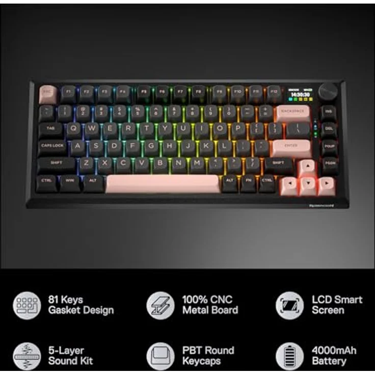 Redragon K720, kabellose CNC-Gasket-Gaming-Tastatur mit Hype-Bildschirm, 81 Tasten, 1,14-Zoll-TFT-Infodisplay, 5-lagige Geräuschdämpfung, lineare Schalter, US-QWERTY-Layout – Bild 2