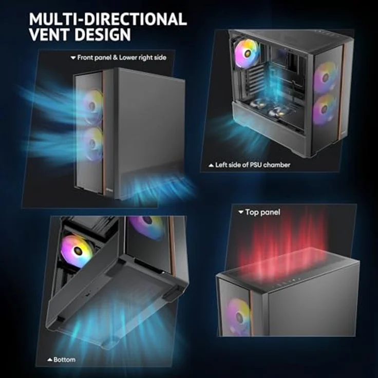 Antec FLUX Rear Midi Tower PC Gehäuse, ATX/Micro-ATX/ITX, schwarz, mit RGB-Beleuchtung und verbessertem Kabelmanagement – Bild 4