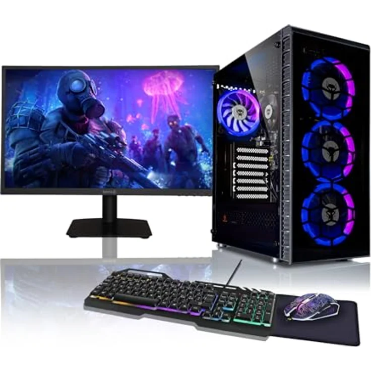 BEASTCOM Q3 Gaming PC Set Komplett, AMD Ryzen 3 4X 4,00GHz 8 Threads, 4K Vega 6 Grafik, 32GB RAM, 1TB SSD + Monitor LED 24", Tastatur, Maus, Mauspad, HDMI, WLAN, Windows 11 Pro - RGB Farbenspiel, 24 Zoll Full-HD Display, 75 Hz, 5ms Reaktionszeit – Bild 1