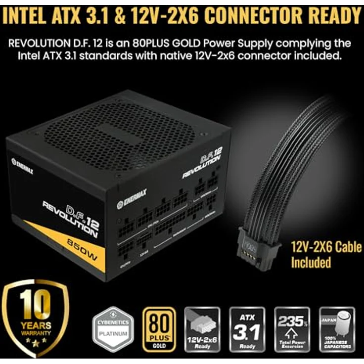 ENERMAX Revolution D.F. 12 ATX3.1 PCI-e 5.1 Ultrakompakt 850W Netzteil 80Plus Gold (Vollmodular, 50% Semi-Fanless, 12V-2x6); ETV850G, schwarz – Bild 5