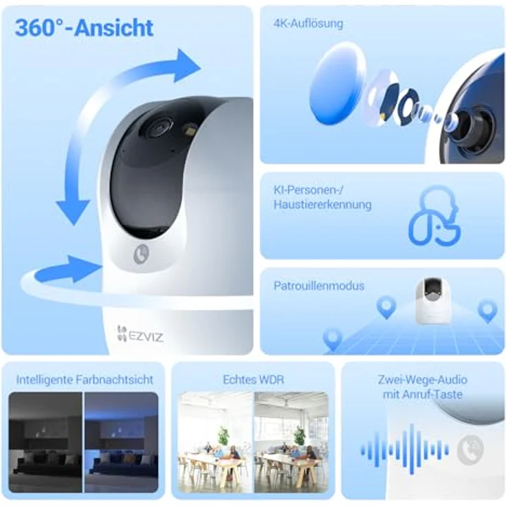 EZVIZ C6N G1 4K 8MP Überwachungskamera für Innen mit 360° Pan/Tilt, Auto-Zoom-Tracking, farbiger Nachtsicht, Geräuscherkennung, Zwei-Wege-Audio, Alexa-kompatibel, Dualband-WLAN – Bild 2
