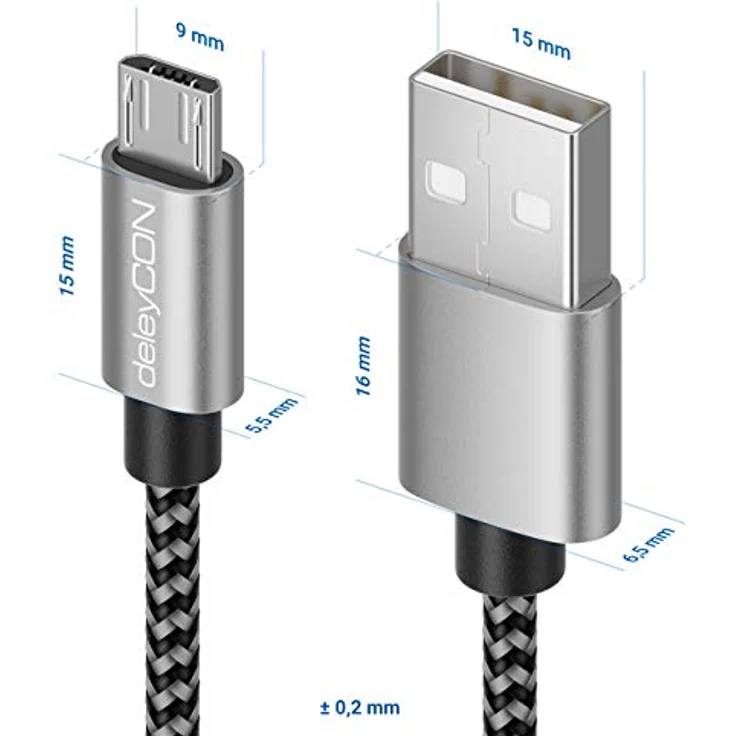 deleyCON 1,5m Nylon Micro USB Kabel Ladekabel Datenkabel Metallstecker Schwarz - Laden & Synchronisieren Handy Smartphone Tablet – Bild 2