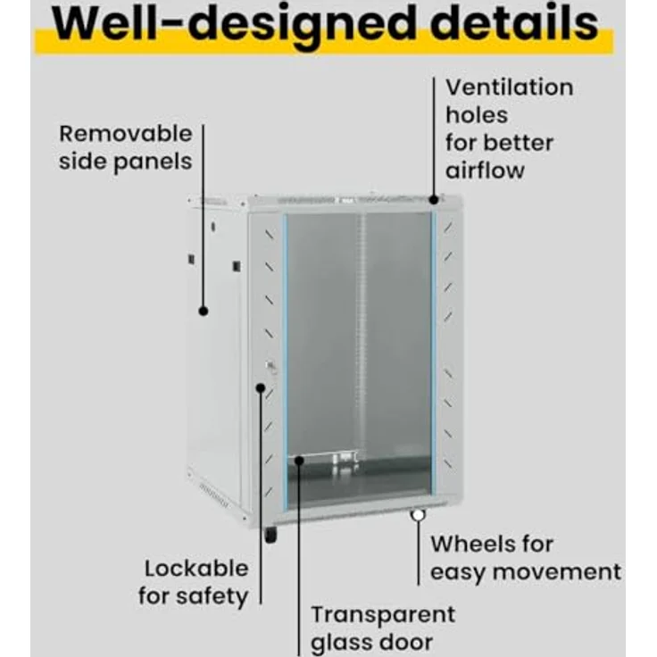 vidaXL Netzwerkschrank Grau 60 x 60 x 80 cm, stabiler Stahl mit Sicherheitsglas, mobiler Büro-Schrank, hitzebeständig, ideal für Netzwerkausrüstung – Bild 4