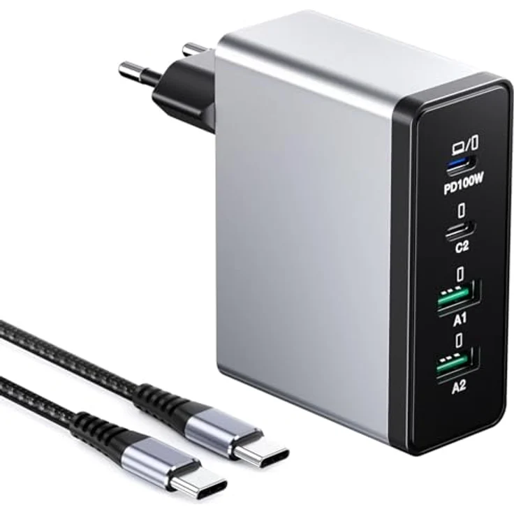sccvee USB C Ladegerät 100W, 4 Ports mit 2 USB-C und 2 USB-A, Fast Charge PD 3.0 Netzteil für MacBook/iPhone/Samsung/Tablets, kompaktes Design, 2M Typ-C-Kabel – Bild 1