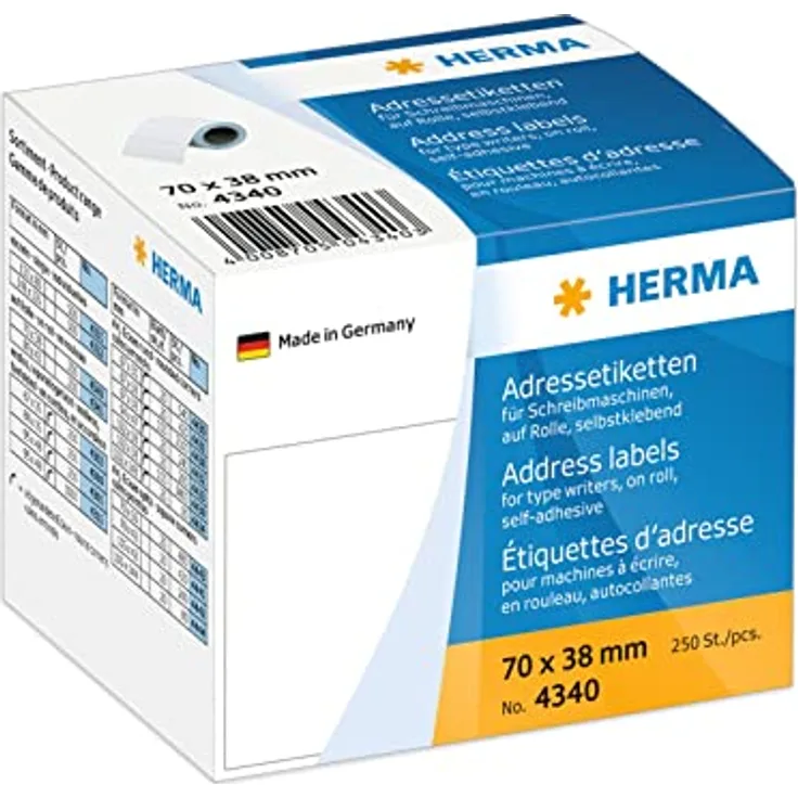 HERMA 4340 Adressetiketten für Schreibmaschinen auf Rolle (70 x 38 mm, Papier, matt) selbstklebend, permanent haftende Adressetiketten, 250 Klebeetiketten, weiß